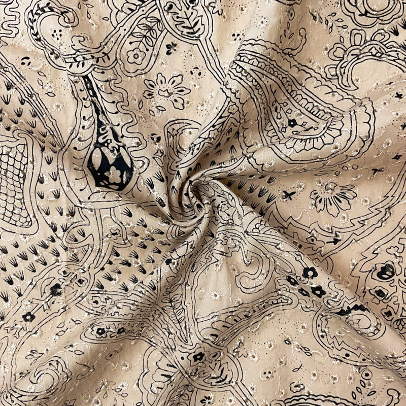 Beige-Black Cotton Paisley Embroidered Eyelet Twill Woven Fabric
