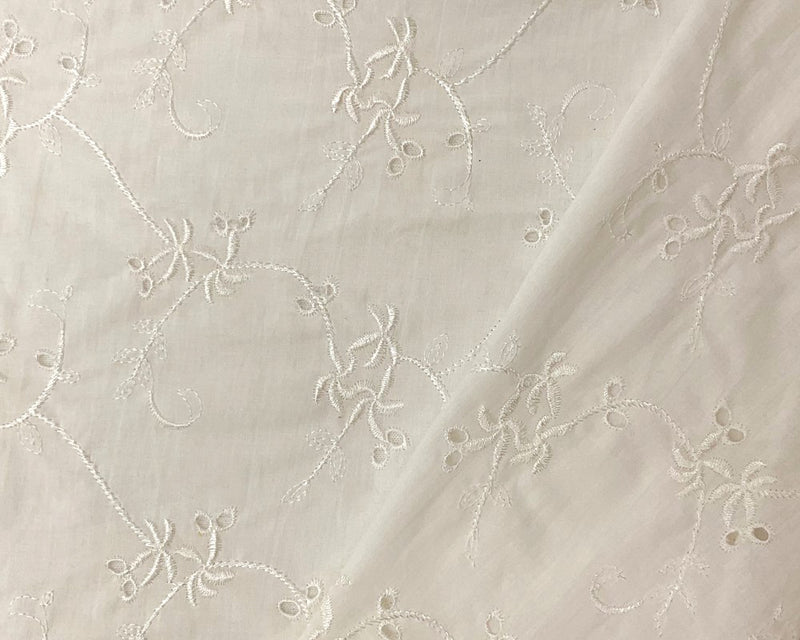 White Cotton Floral Vine Embroidered Eyelet Voile Woven Fabric
