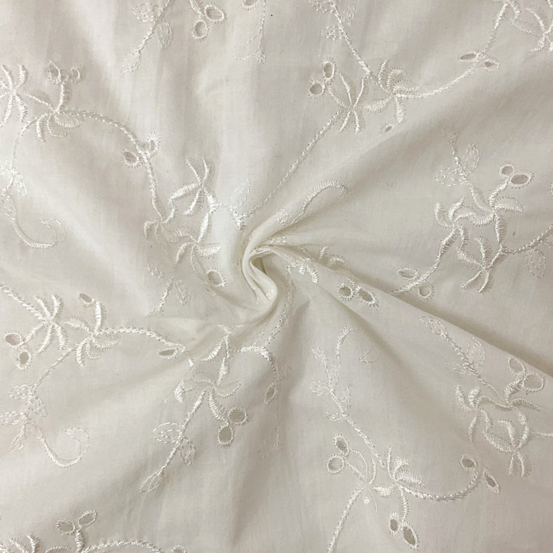 White Cotton Floral Vine Embroidered Eyelet Voile Woven Fabric