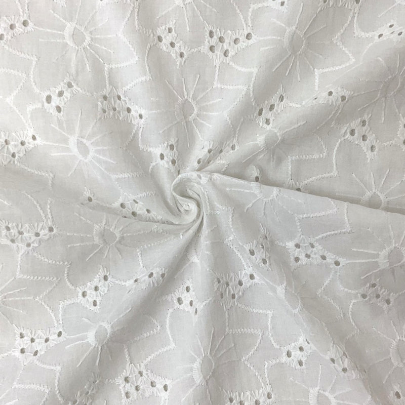White Cotton Floral Embroidered Eyelet Voile Woven Fabric