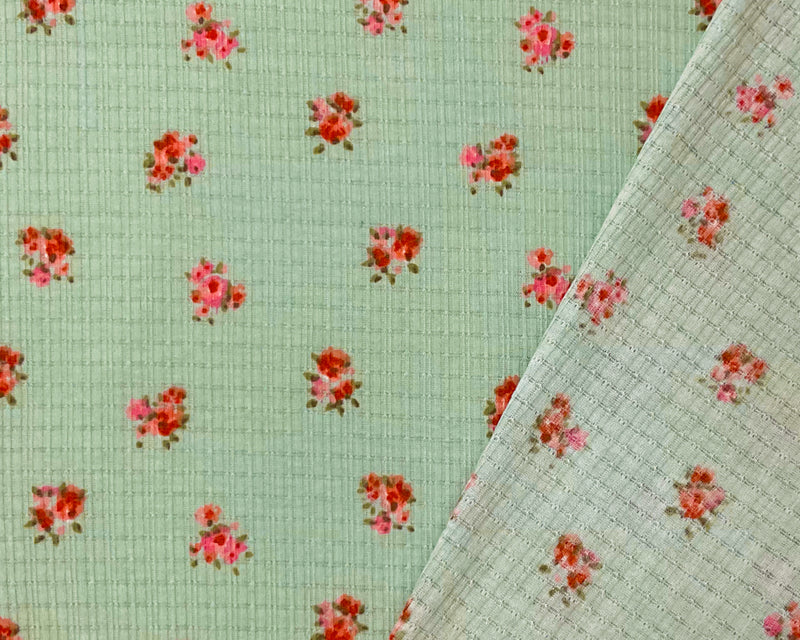 Green-Pink-Red Poly Blend Stretch Floral Printed Rib Knit Fabric
