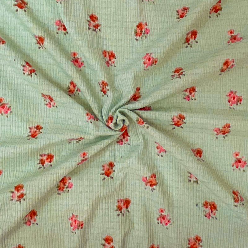 Green-Pink-Red Poly Blend Stretch Floral Printed Rib Knit Fabric