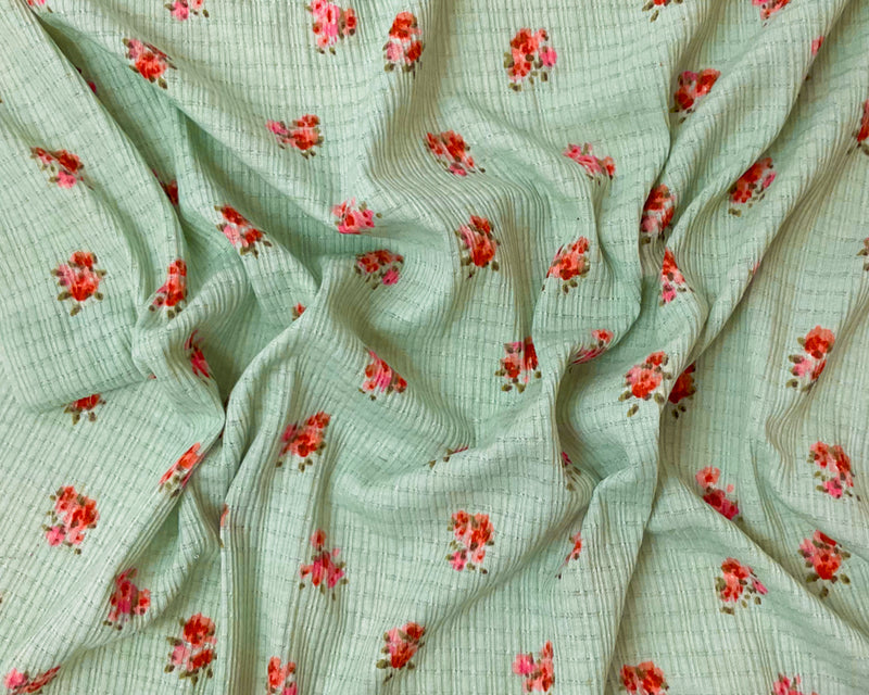 Green-Pink-Red Poly Blend Stretch Floral Printed Rib Knit Fabric