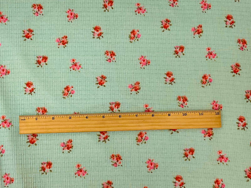 Green-Pink-Red Poly Blend Stretch Floral Printed Rib Knit Fabric