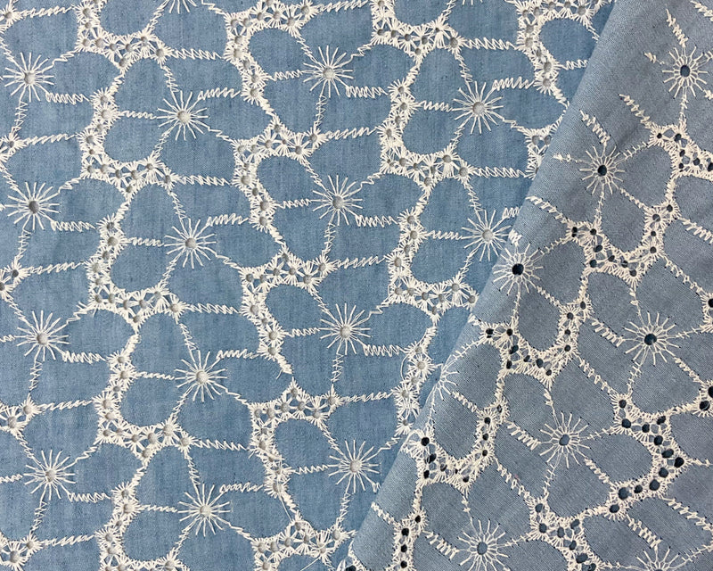Blue Cotton-Poly Floral Eyelet Embroidered Twill Chambray Fabric