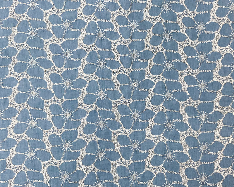 Blue Cotton-Poly Floral Eyelet Embroidered Twill Chambray Fabric