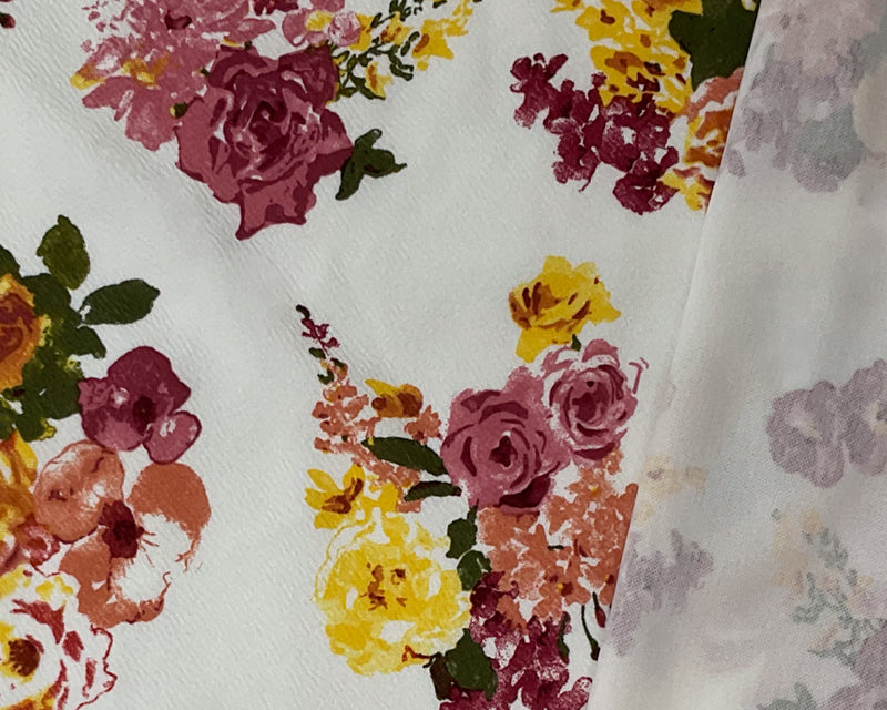 White-Red-Multi Poly Stretch Floral Printed Double Knit Fabric