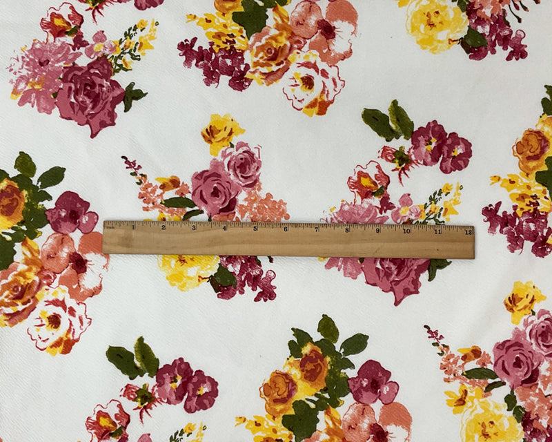 White-Red-Multi Poly Stretch Floral Printed Double Knit Fabric