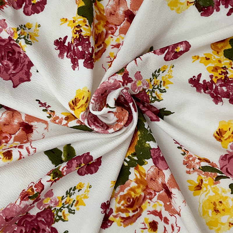 White-Red-Multi Poly Stretch Floral Printed Double Knit Fabric