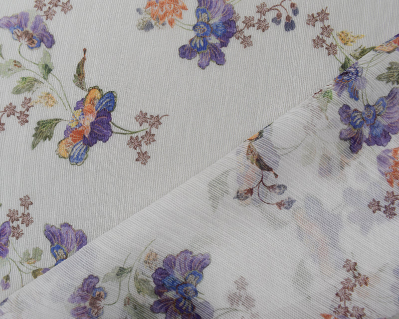 White-Purple-Multi Poly Floral Printed Dobby Chiffon Woven Fabric
