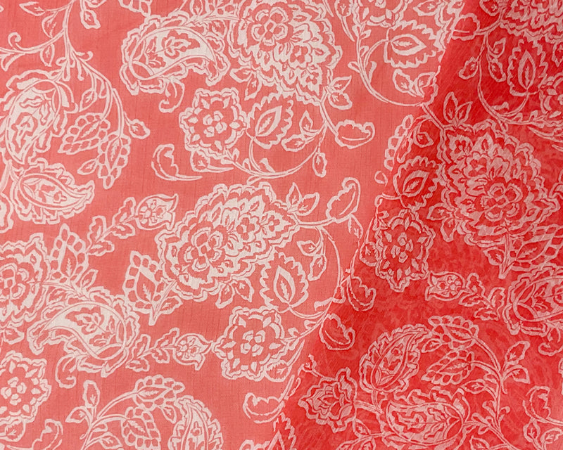 Red-White Floral Printed Yoryu Chiffon Woven Fabric