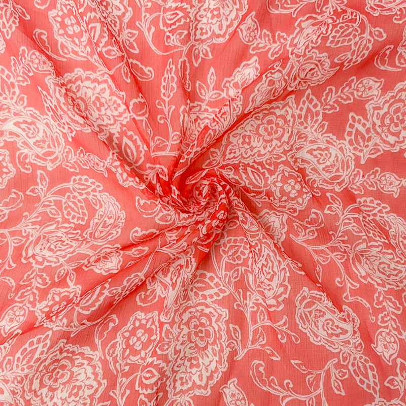 Red-White Floral Printed Yoryu Chiffon Woven Fabric