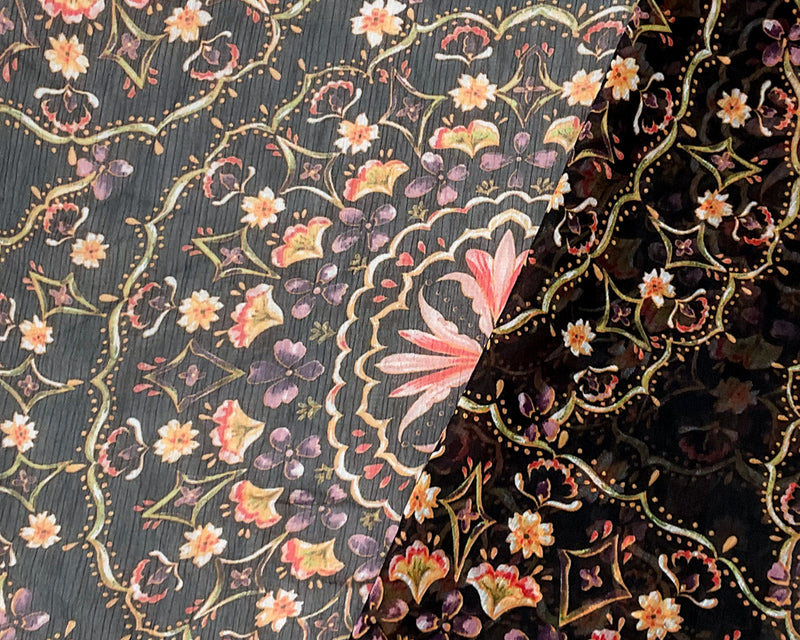Black-Multi Poly Floral Printed Yoryu Chiffon Woven Fabric