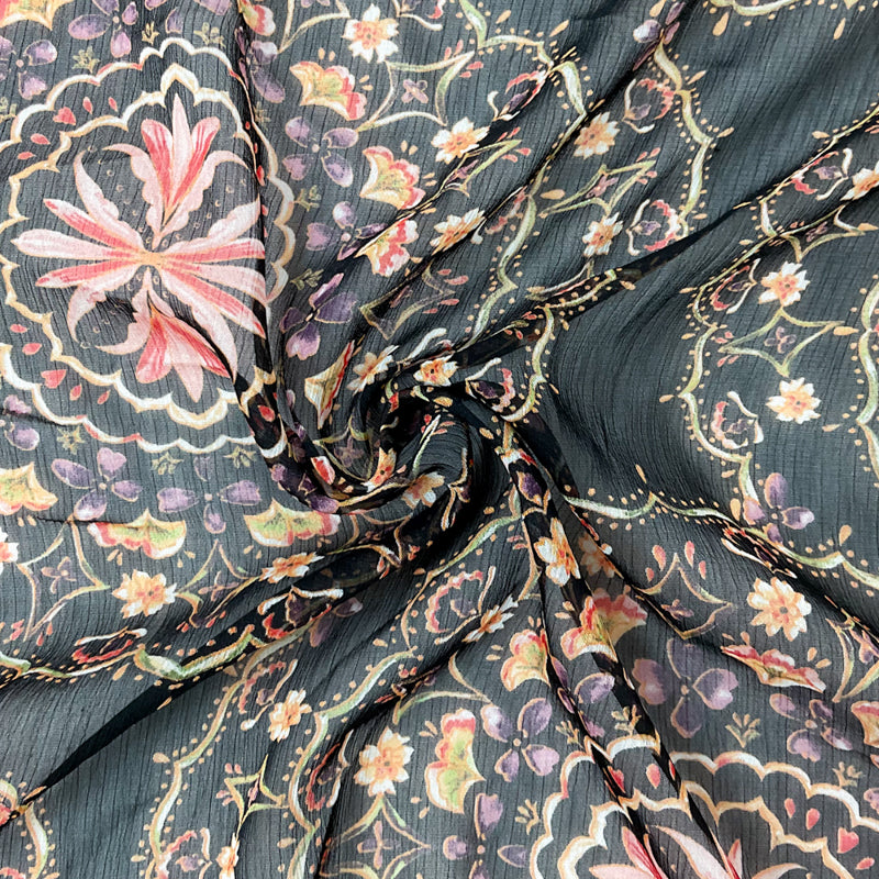 Black-Multi Poly Floral Printed Yoryu Chiffon Woven Fabric