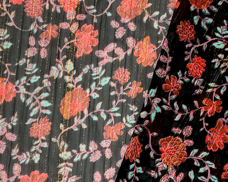 Black-Multi Poly Floral Metallic Print Yoryu Chiffon Woven Fabric