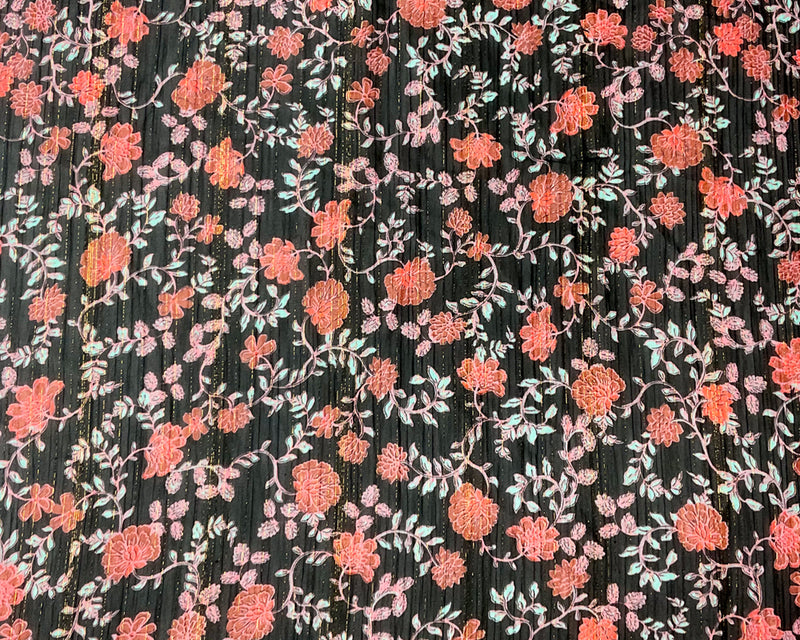 Black-Multi Poly Floral Metallic Print Yoryu Chiffon Woven Fabric