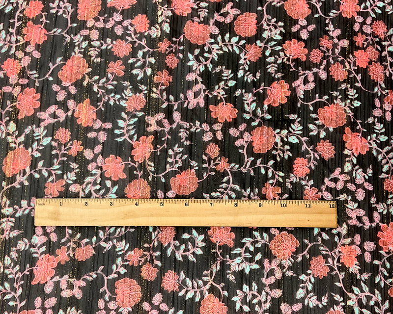 Black-Multi Poly Floral Metallic Print Yoryu Chiffon Woven Fabric