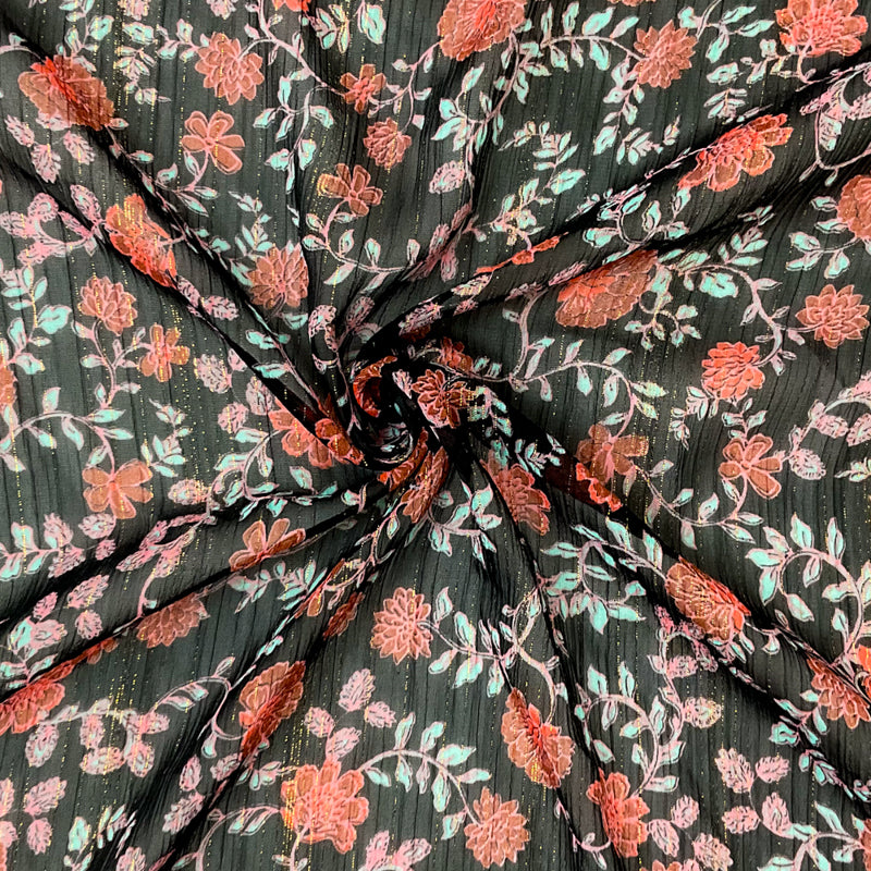 Black-Multi Poly Floral Metallic Print Yoryu Chiffon Woven Fabric