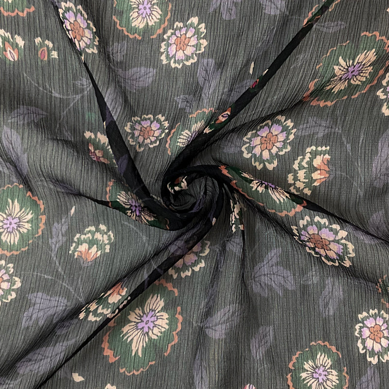 Black-Purple-Multi Poly Floral Printed Yoryu Chiffon Woven Fabric
