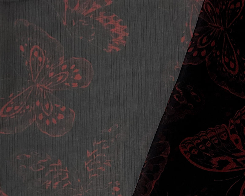 Black-Red Poly Butterfly Printed Yoryu Chiffon Woven Fabric