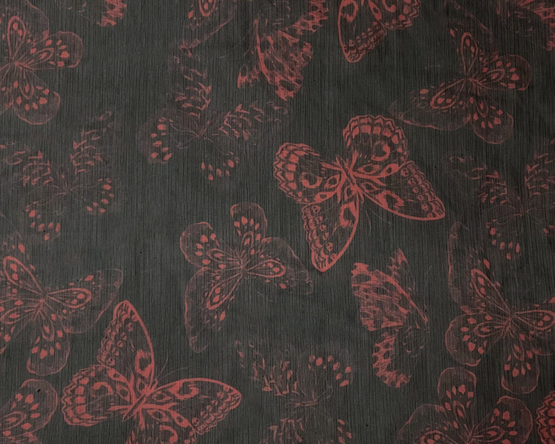 Black-Red Poly Butterfly Printed Yoryu Chiffon Woven Fabric