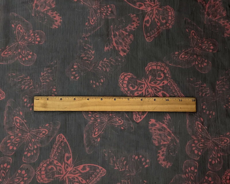 Black-Red Poly Butterfly Printed Yoryu Chiffon Woven Fabric