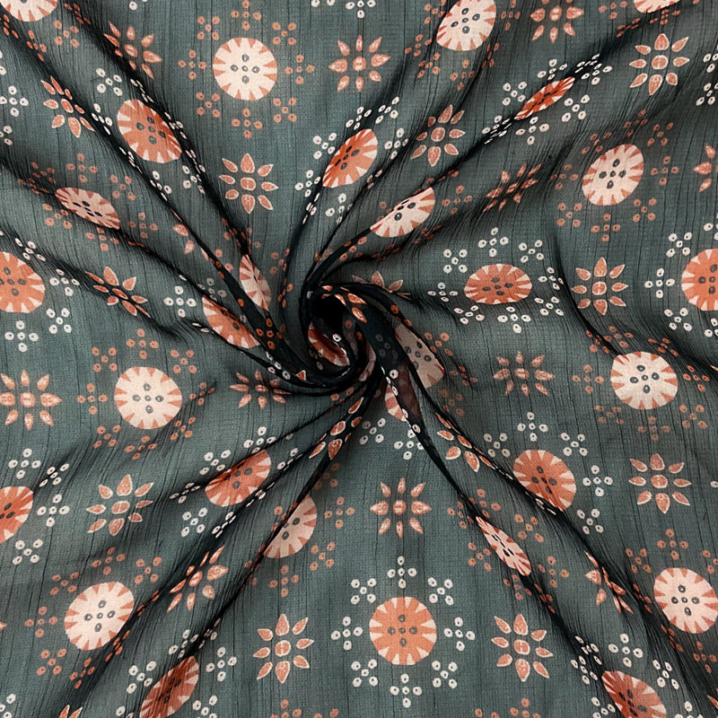 Black-Red-Pink Poly Floral Printed Yoryu Chiffon Woven Fabric