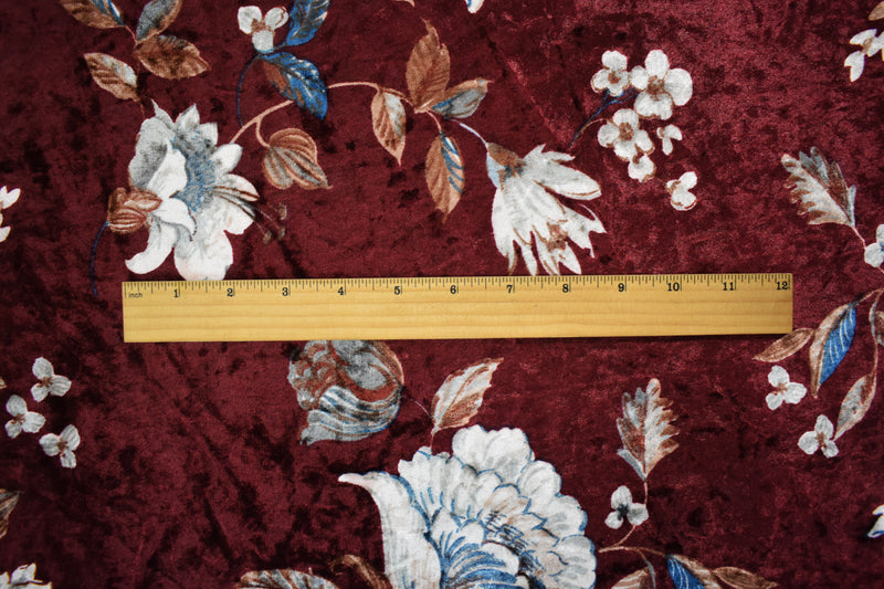Red-Multi Poly Stretch Floral Printed Crushed Velvet Knit Fabric