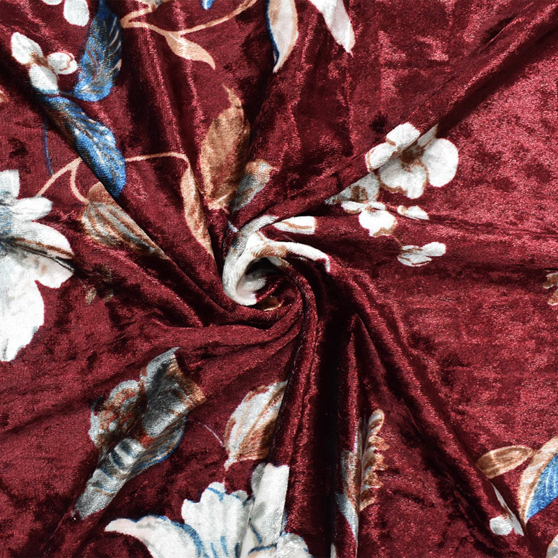 Red-Multi Poly Stretch Floral Printed Crushed Velvet Knit Fabric