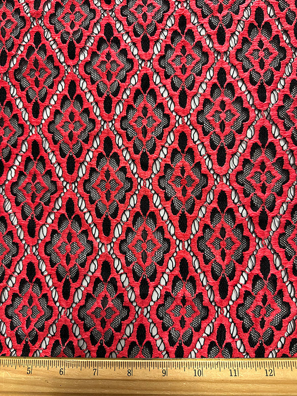 Black and Red Diamond Embroidered Stretch Lace Fabric