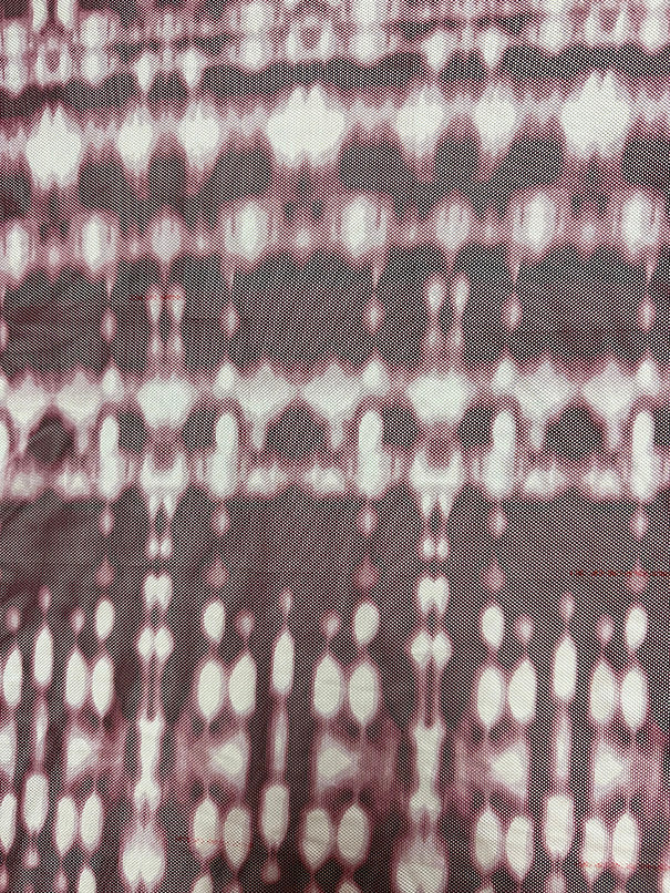 Burgundy and White Batik Look Print Stretch Mesh Fabric