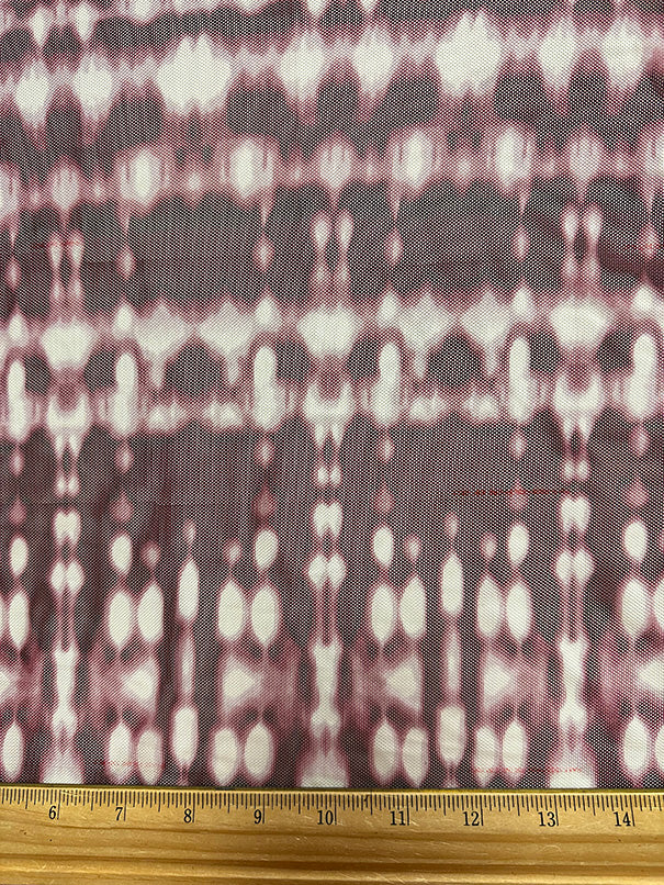 Burgundy and White Batik Look Print Stretch Mesh Fabric
