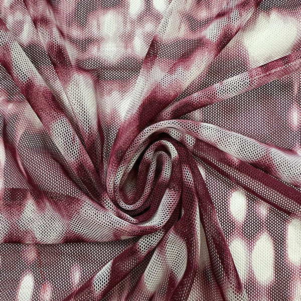 Burgundy and White Batik Look Print Stretch Mesh Fabric