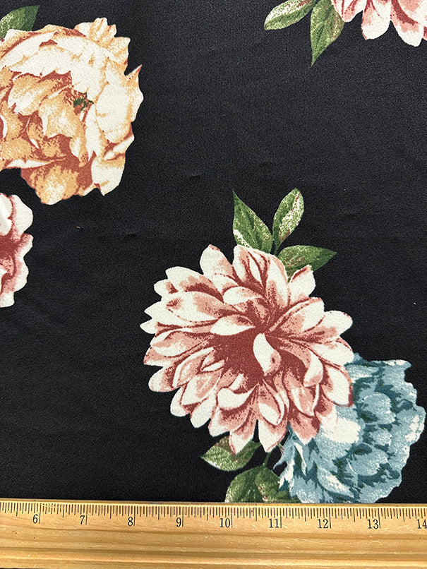 1 YD PC-Black Floral Print Crepe Scuba Double Knit Fabric