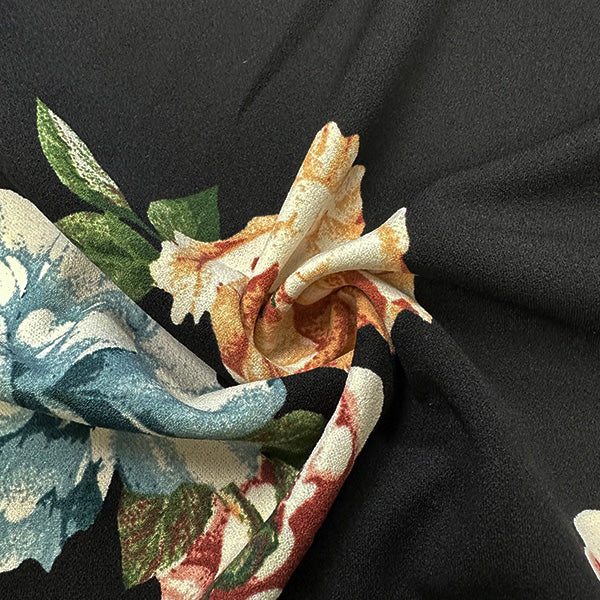 1 YD PC-Black Floral Print Crepe Scuba Double Knit Fabric