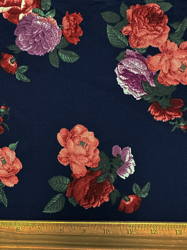 Dark Blue Floral Print Crepe Scuba Double Knit Fabric