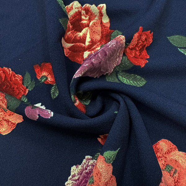 Dark Blue Floral Print Crepe Scuba Double Knit Fabric