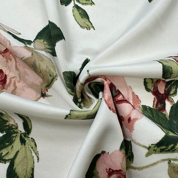 Ivory and Pink Multi Floral Print Scuba Knit Fabric