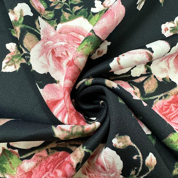 Black and Pink Multi Floral Print Scuba Knit Fabric