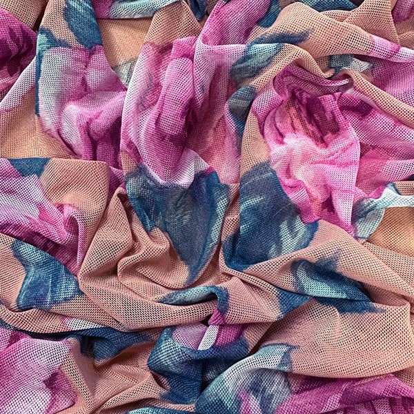 Pale Orange Multi Floral Print Stretch Mesh Fabric