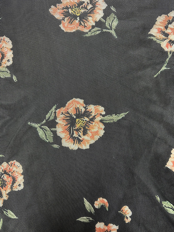 Peach on Black Floral Print Stretch Mesh Fabric
