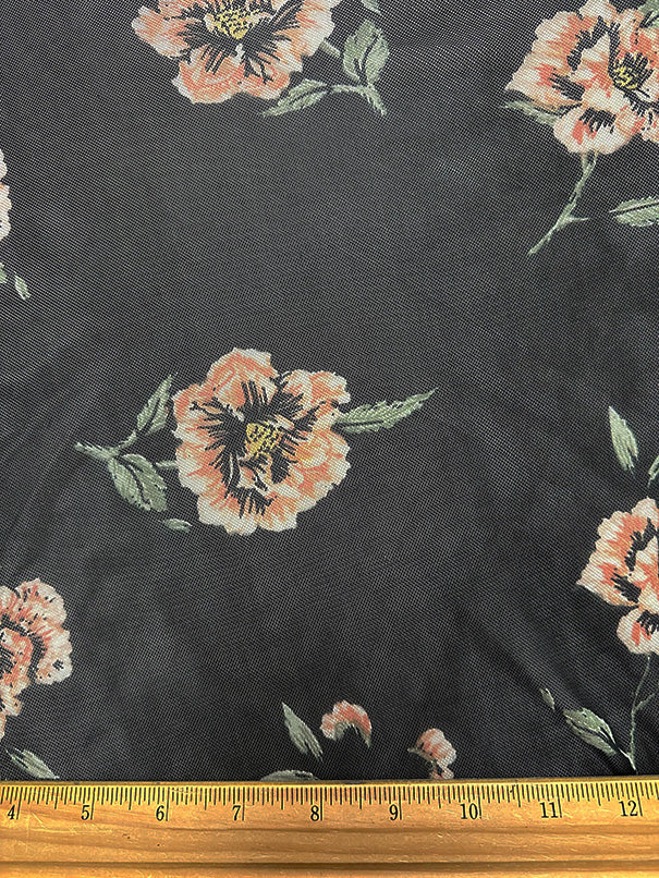 Peach on Black Floral Print Stretch Mesh Fabric