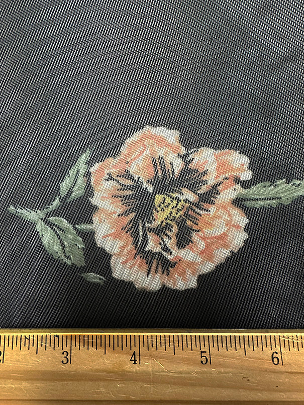 Peach on Black Floral Print Stretch Mesh Fabric