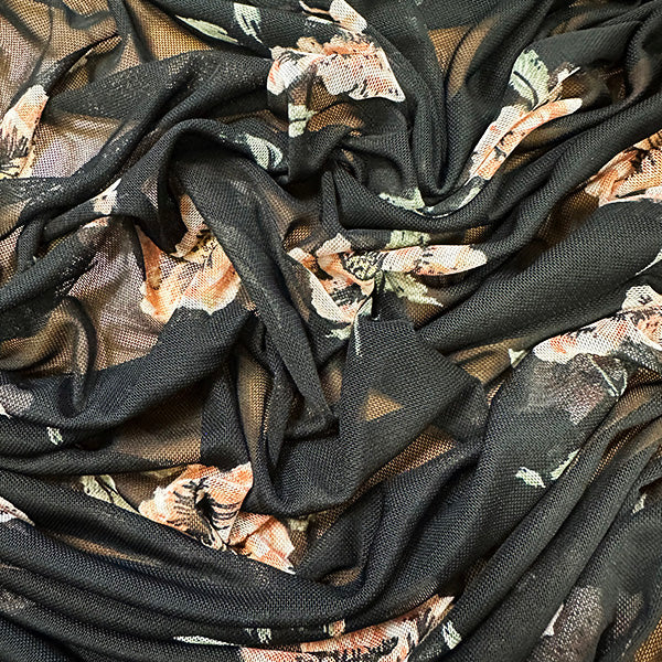 Peach on Black Floral Print Stretch Mesh Fabric