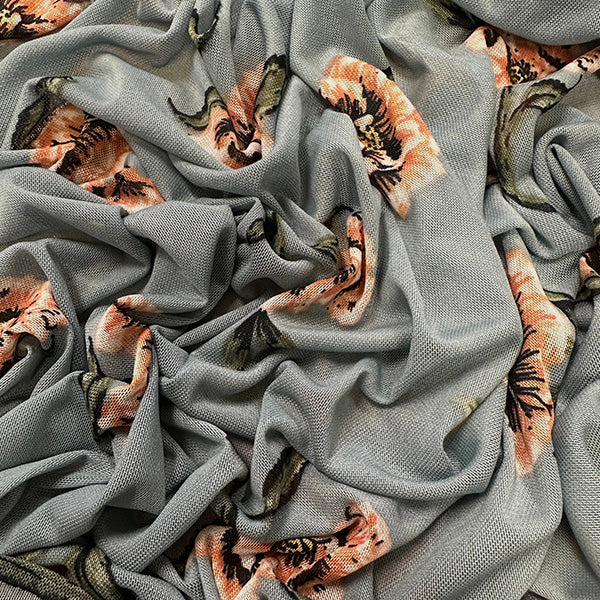 Pale Blue Floral Print Stretch Mesh Fabric