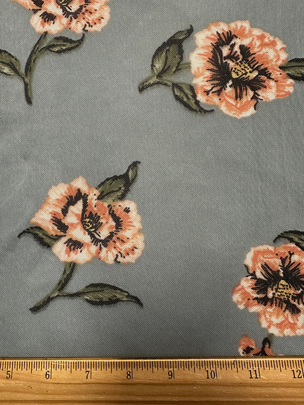 Pale Blue Floral Print Stretch Mesh Fabric