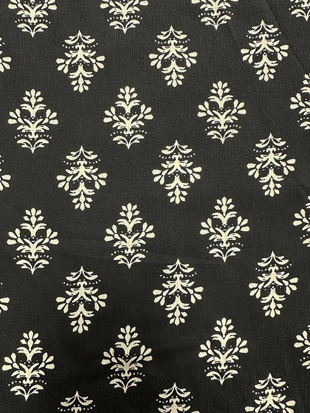 Black and White Floral Medallion Poly Print High Crepe Fabric