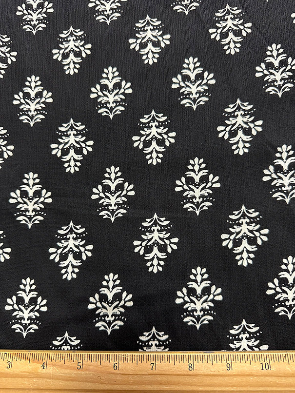 Black and White Floral Medallion Poly Print High Crepe Fabric