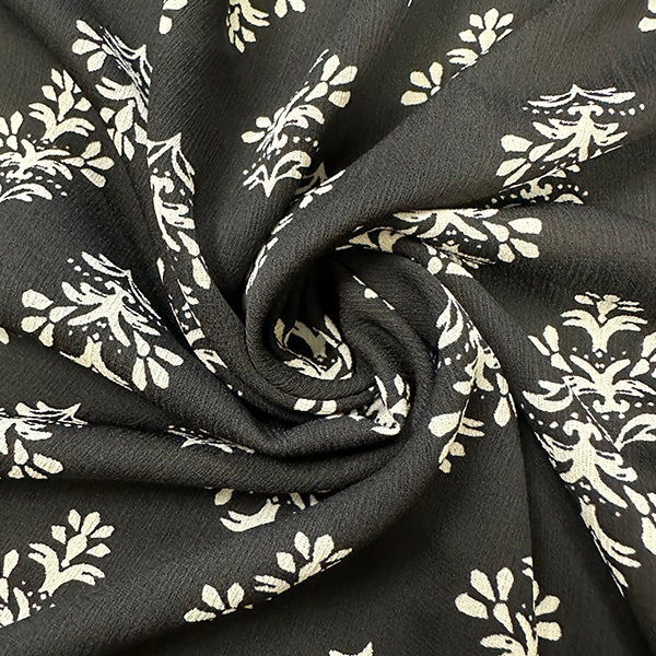 Black and White Floral Medallion Poly Print High Crepe Fabric