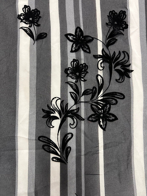 Black Flocked Floral Burnout Stripe Print High Crepe Fabric